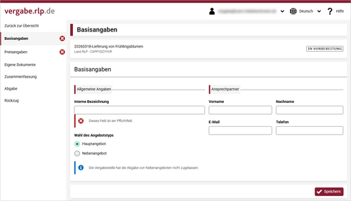 Zusammenstellung eines Angebots; hier mit Auswahl der Basisangaben zum Angebot. Zusammenstellung eines Angebots; hier mit Auswahl der Basisangaben zum Angebot.