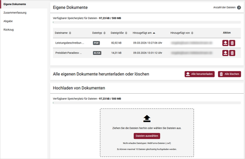 Keine Unterscheidung mehr zwischen 'Auszufüllenden Dokumenten' und 'Eigenen Dokumenten': Abgegeben werden nur noch die Dateien, die der Bieter für den Versand vorsieht. Keine Unterscheidung mehr zwischen 'Auszufüllenden Dokumenten' und 'Eigenen Dokumenten': Abgegeben werden nur noch die Dateien, die der Bieter für den Versand vorsieht.