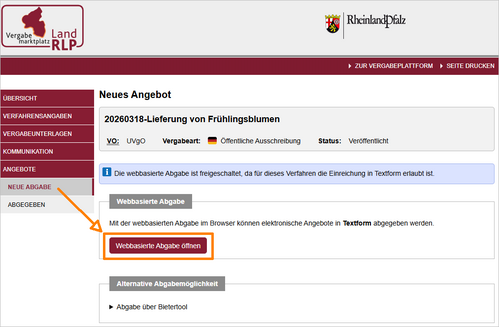Modul 'Angebote' > 'Neue Abgabe' im Projektraum aus Sicht des Unternehmens > webbasierte Angebotsabgabe. Modul 'Angebote' > 'Neue Abgabe' im Projektraum aus Sicht des Unternehmens > webbasierte Angebotsabgabe.