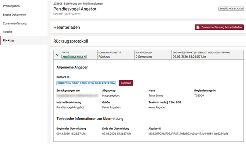 Menüpunkt 'Rückzug' in der webbasierten Abgabe Menüpunkt 'Rückzug' in der webbasierten Abgabe
