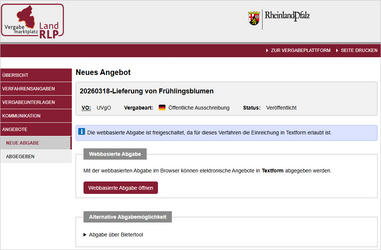 Projektraum als zentraler Einstiegspunkt: Im Bereich der Abgabe kann die webbasierte Angebotsabgabe in einem neuen Browser-Tab geöffnet werden. Alternativ steht weiterhin die Nutzung des Desktop-Bietertools in der gewohnten Art und Weise zur Verfügung.